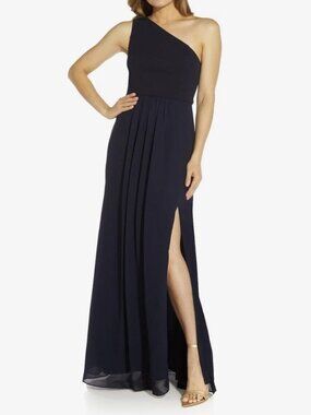 Adrianna Papell Dark Blue One Shoulder Chiffon Gown